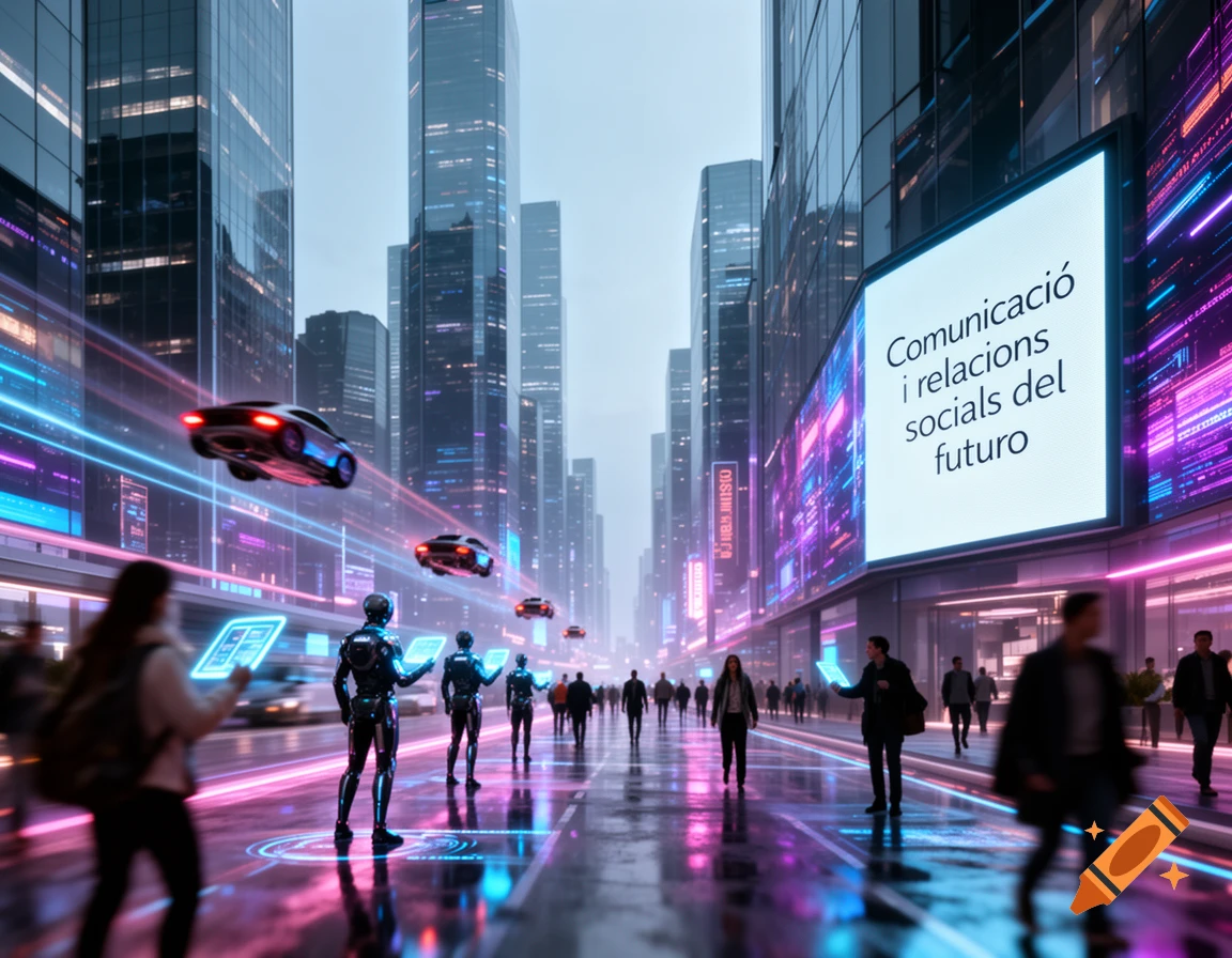 A futuristic city street scene at dusk with tall buildings, flying cars, and people interacting with glowing technology. A billboard reads "Comunicaci his text: "Comunicació i relacions socials del futuro"