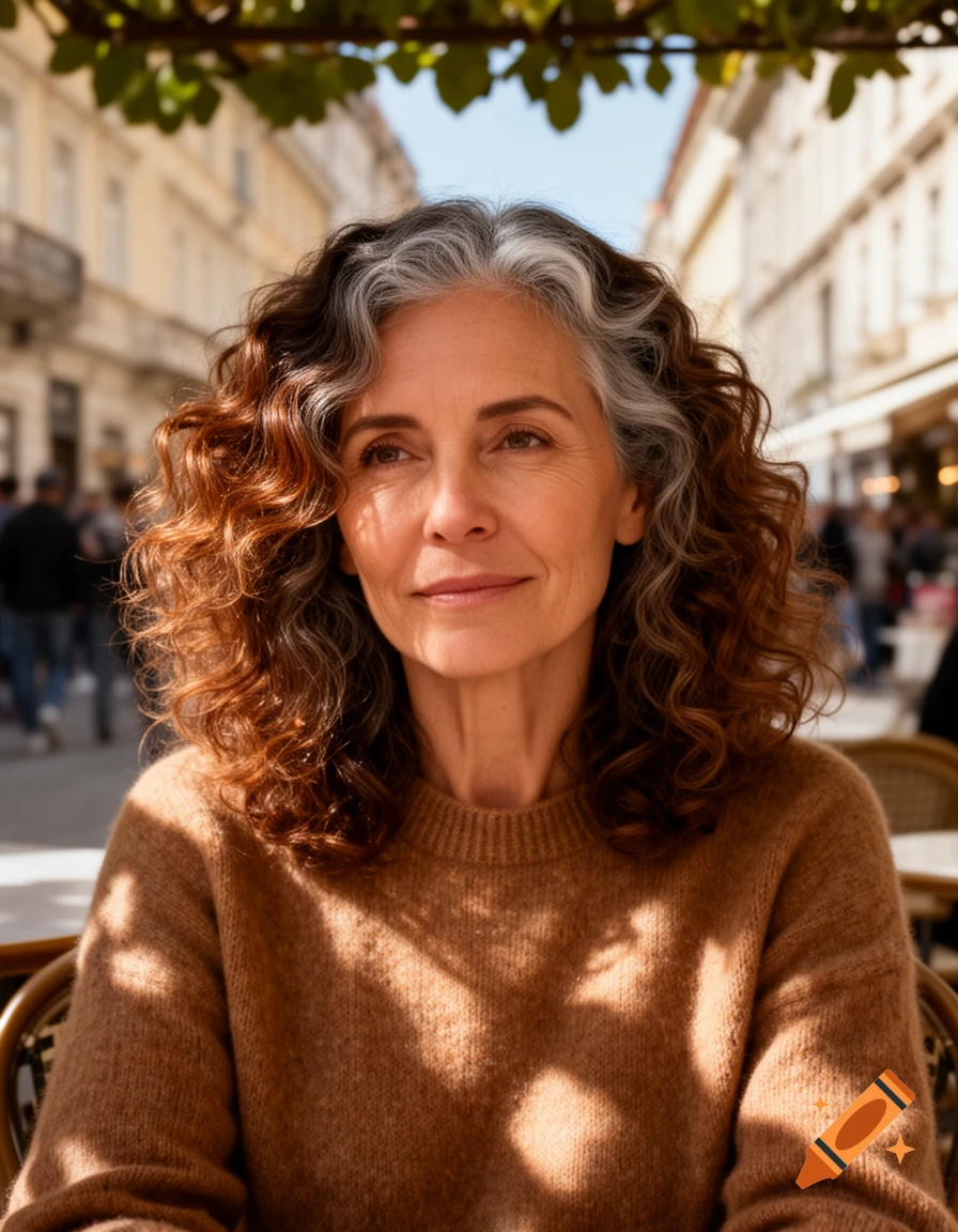 Photorealistic portrait of a middle-aged woman with curly brown and gray hair, wearing a brown sweater, sitting outdoors.