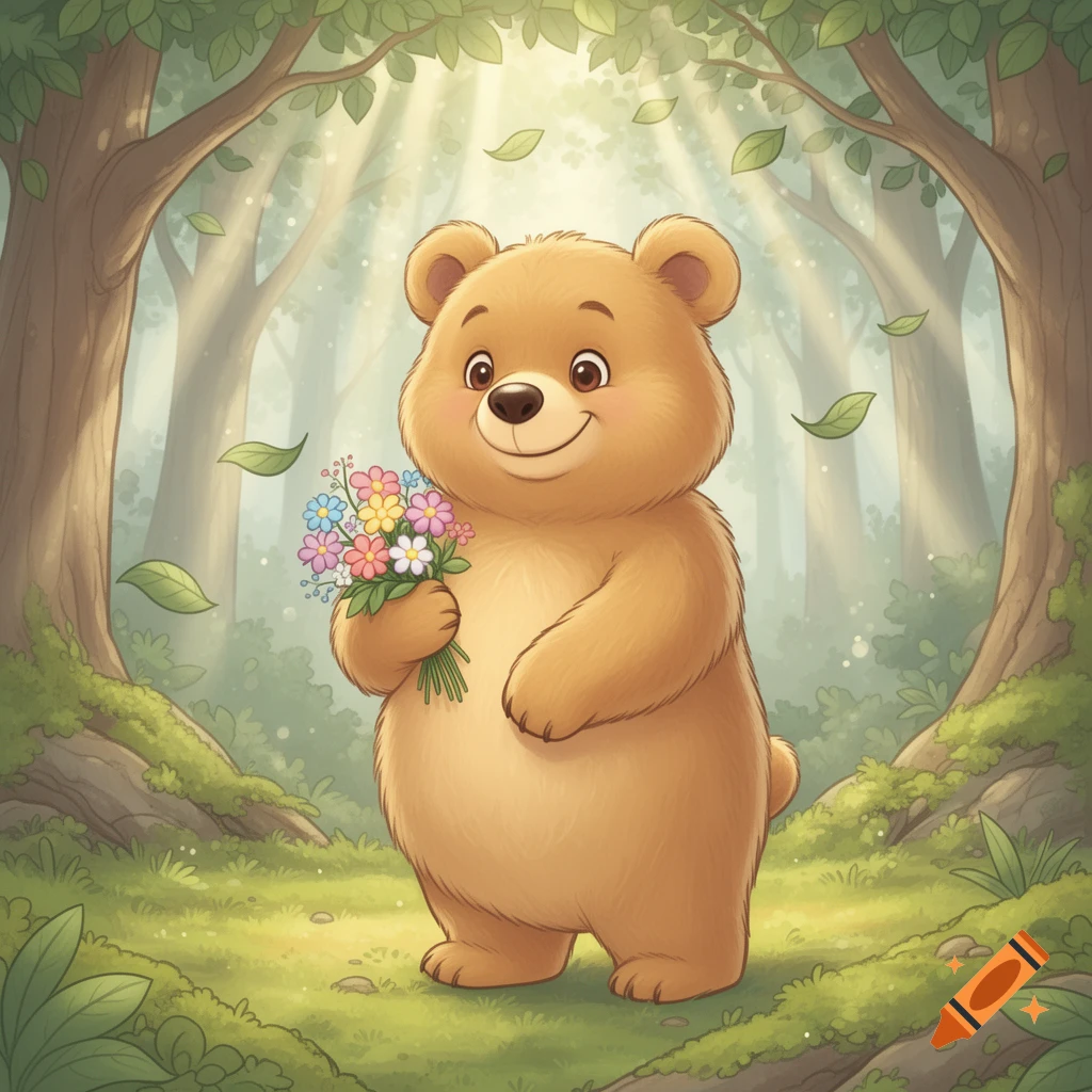 A cute, smiling cartoon bear holds a bouquet of colorful flowers in a sun-dappled forest with trees and green foliage.