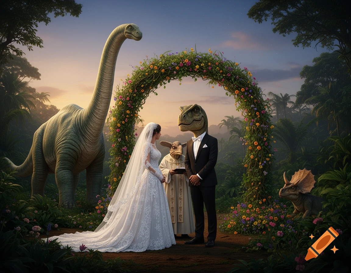 A human bride and a T-Rex groom get married under a floral arch in a lush jungle at sunset, with a long-necked dinosaur guest.