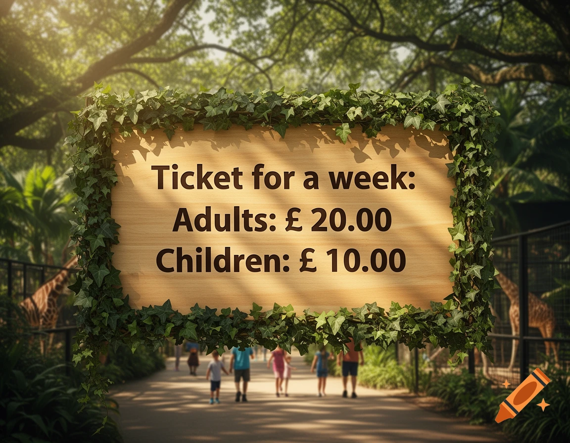 A wooden sign wrapped in green ivy displays 'Ticket for a week: Adults: £ 20.00 Children: £ 10.00' against a blurred sunny zoo background with giraffes and people.