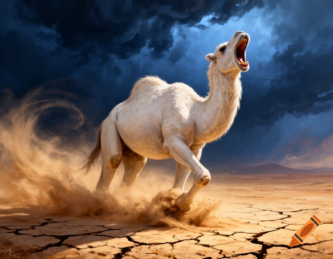 An epic digital painting of a pure white camel emerging from cracked desert earth, mouth open screaming at a dramatic stormy sky.