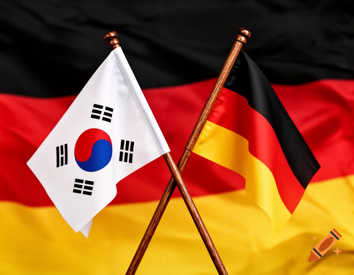 Close-up of two crossed miniature flags, South Korea on the left and Germany on the right, against a larger blurry German flag background.