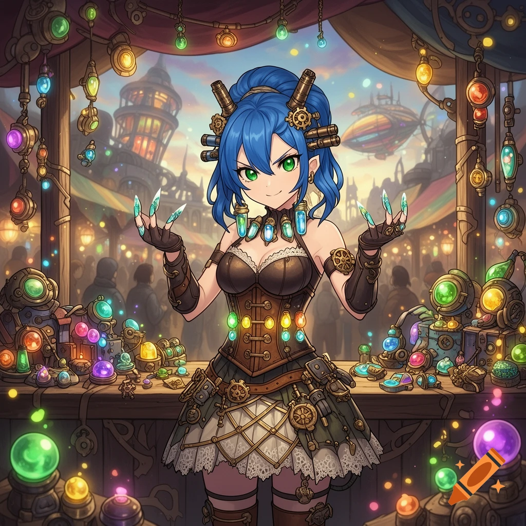 Blue-haired anime merchant in steampunk attire at a vibrant aetherpunk market, displaying glowing vials and artifacts.