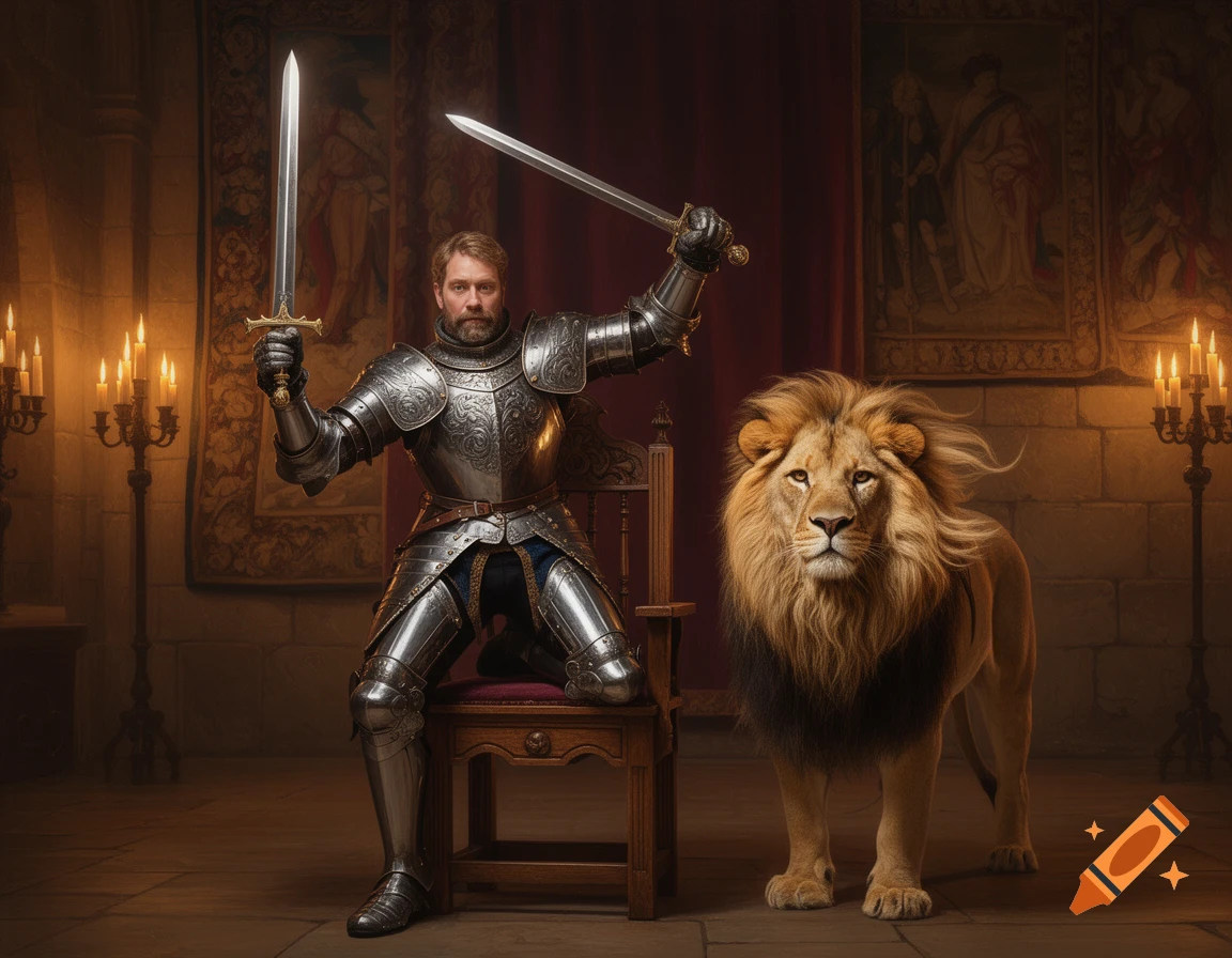 A knight in shining armor kneels on a chair, holding two swords aloft, with a majestic lion standing beside him in a dimly lit room with tapestries.