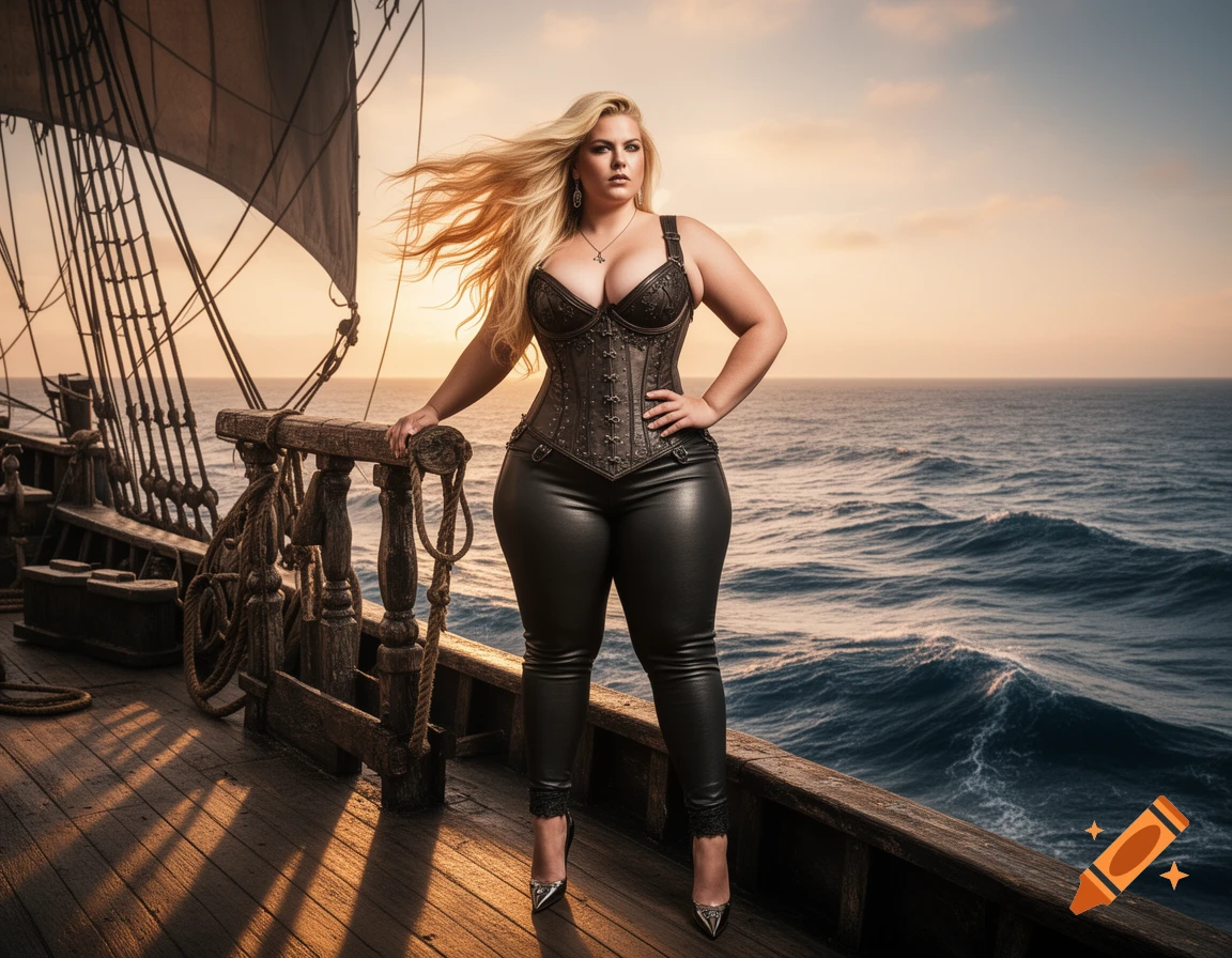 Blonde woman in black corset and leather pants on a pirate ship deck at ...