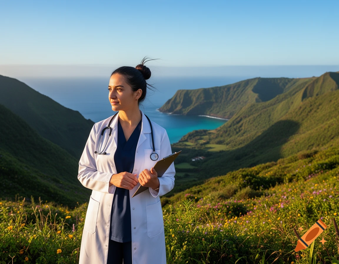 A female doctor in a white lab coat stands on a lush green mountainside, overlooking a blue ocean bay at sunset.