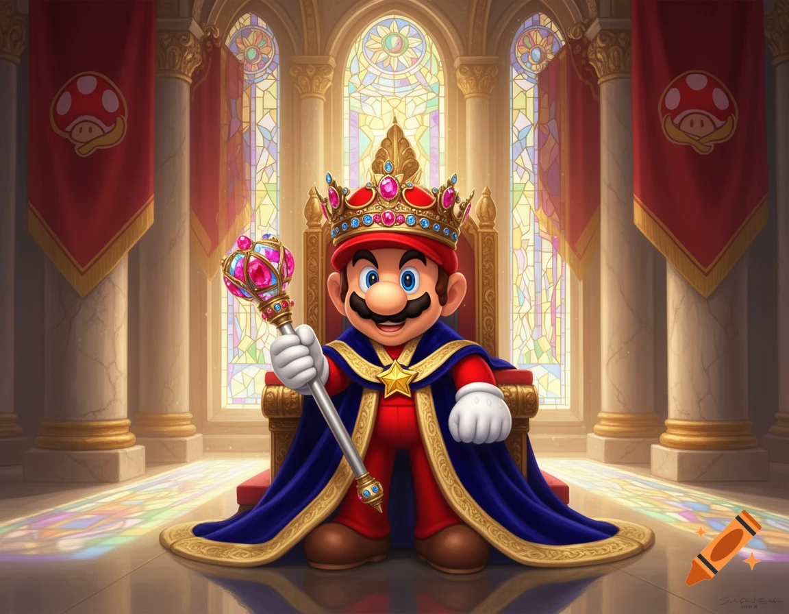 Mario, wearing a jeweled crown and royal blue robe, sits on a golden throne in a grand hall with stained-glass windows, holding an ornate scepter.