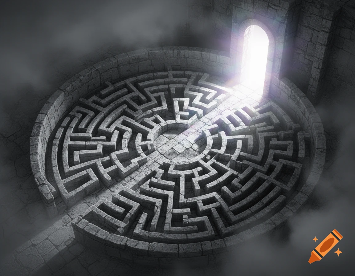 An aerial view of a circular stone labyrinth shrouded in fog, with a brightly lit arched exit at one end.