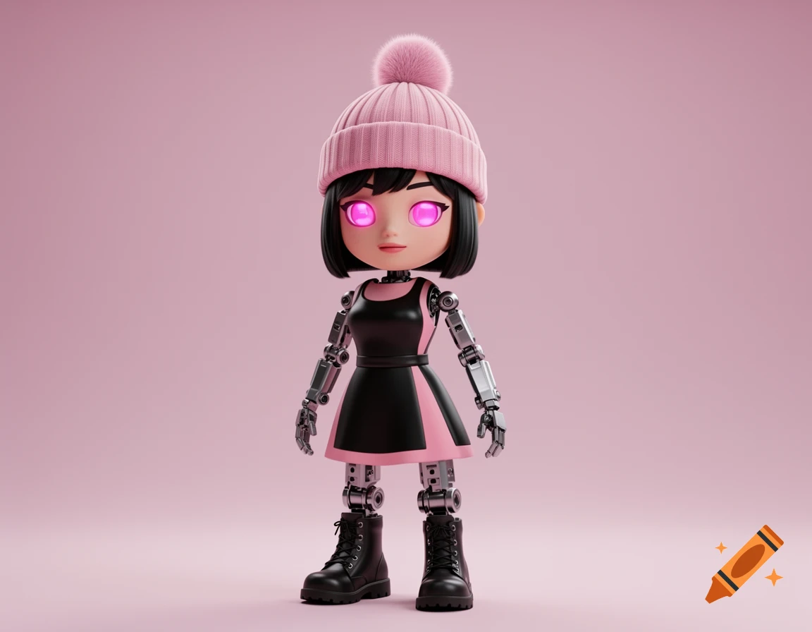 A stylized 3D render of a female worker drone robot with glowing pink eyes, wearing a pink beanie, black and pink dress, and combat boots on a pink background.