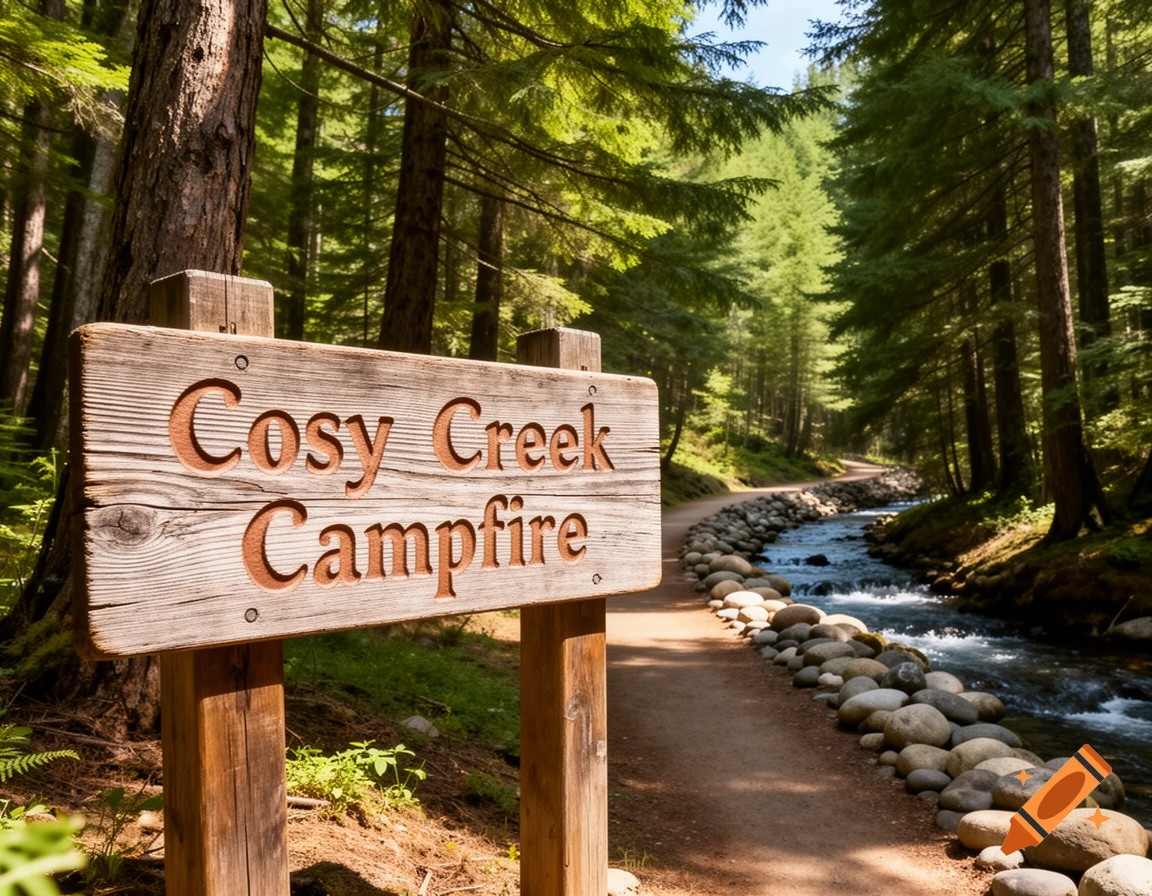 A wooden sign reading "Cosy Creek Campfire" in a sun-dappled forest, with a path and rocky creek winding into the background.