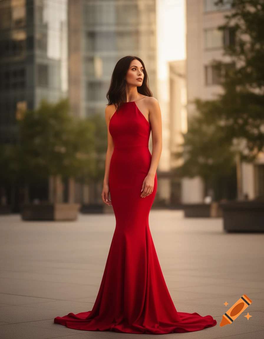 Photorealistic image of a woman in a red mermaid gown standing in an urban square with buildings.