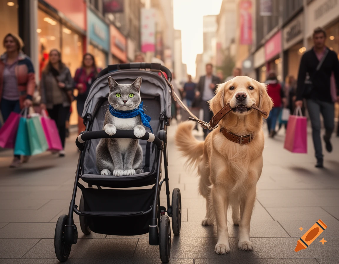 A gray cat in a stroller and a golden retriever holding a leash in its mouth walk down a busy city shopping street.