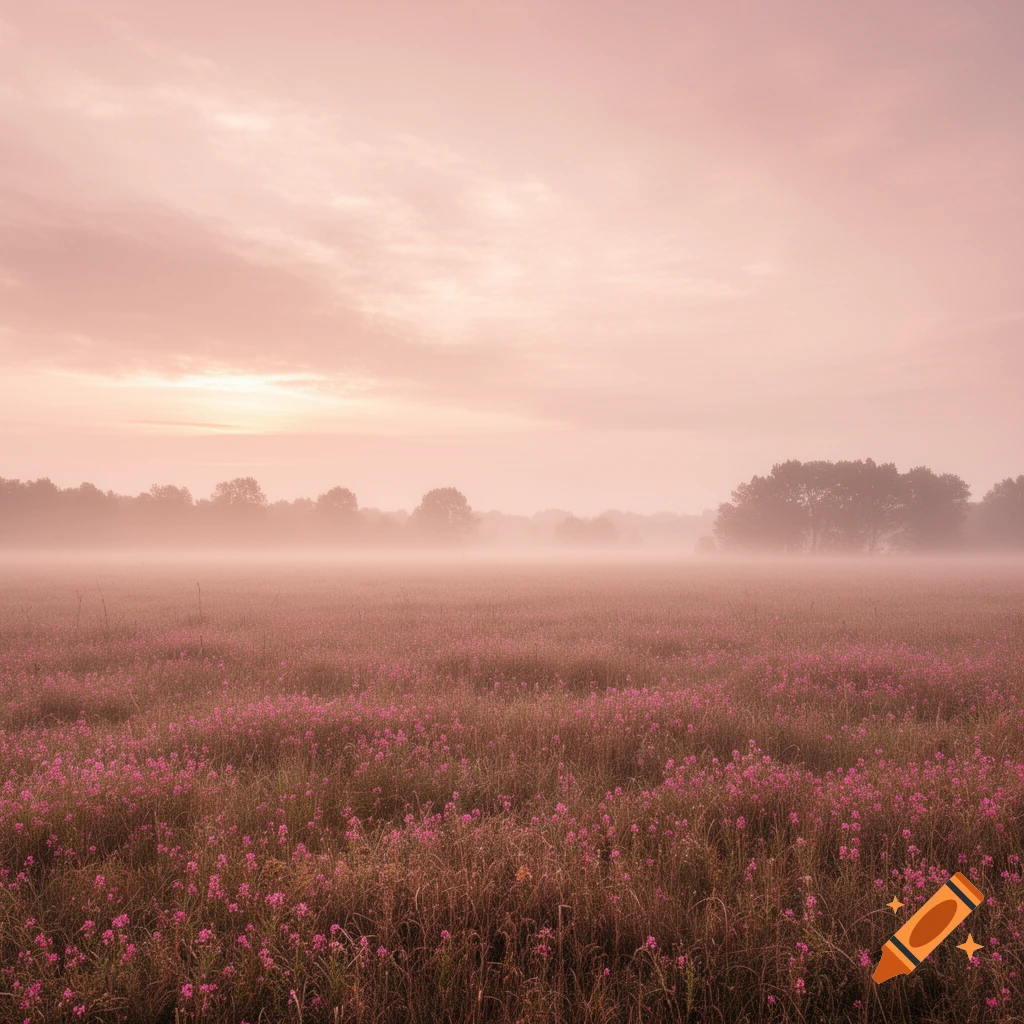 A misty field of pink and brown flowers under a soft pink and orange sky at dawn.