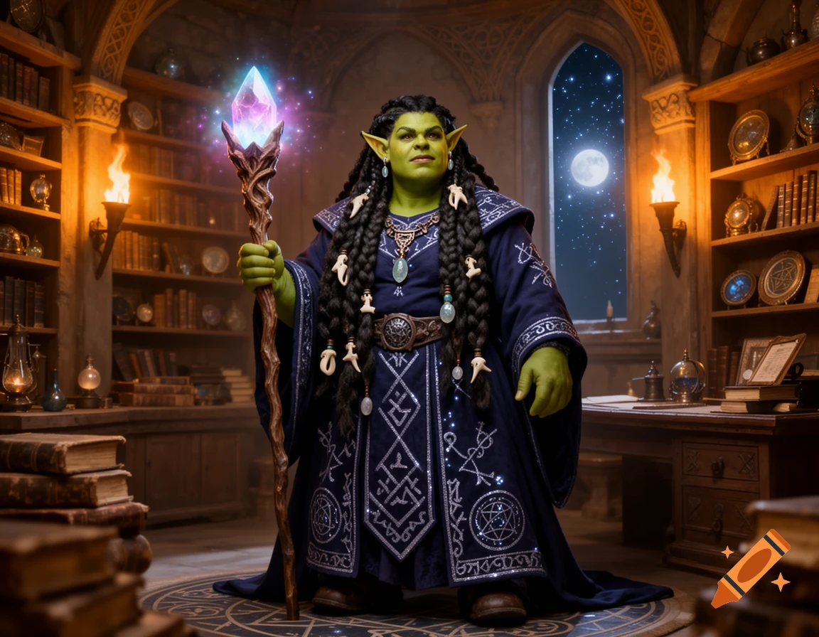 A female half-orc half-dwarf wizard stands in a mystical library at night, holding a glowing crystal staff.