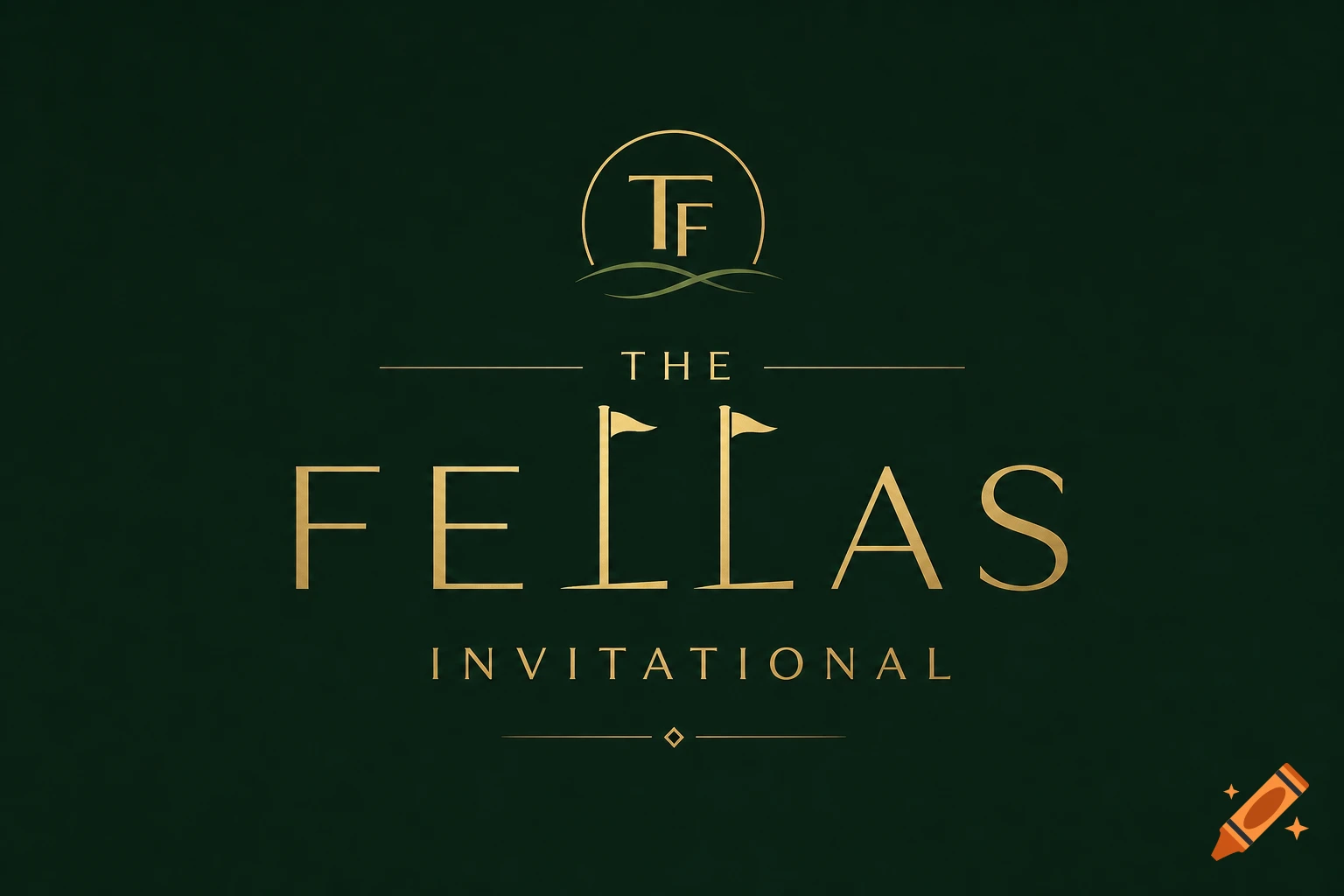 A gold and dark green elegant logo for The Fellas Invitational, with golf flagsticks replacing the 'L's in 'Fellas' and a 'TF' monogram.