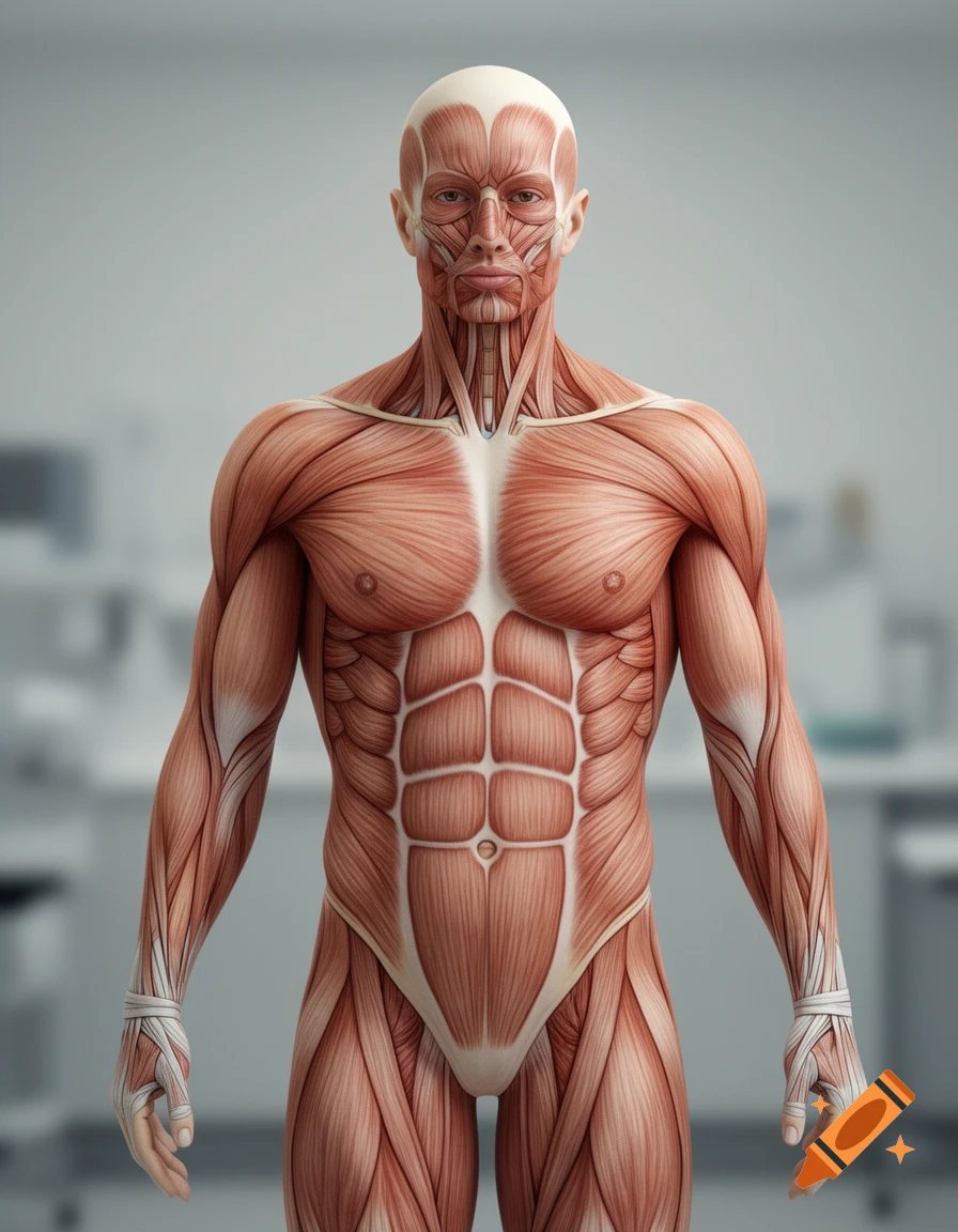 Detailed anatomical 3D rendering of a standing male muscular system against a blurred white background.