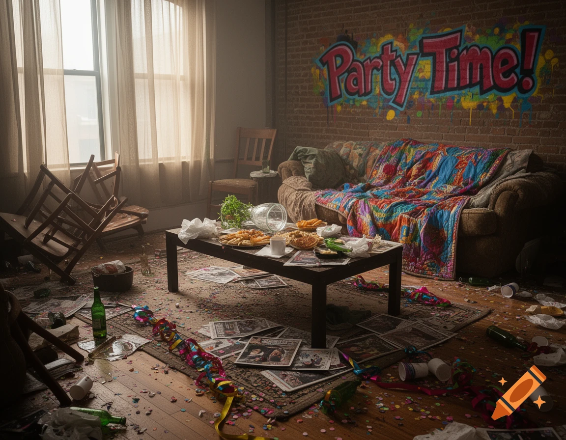 A photorealistic image of a messy living room after a party, with scattered confetti, empty bottles, food, overturned chairs, and 'Party Time!' graffiti on a brick wall.