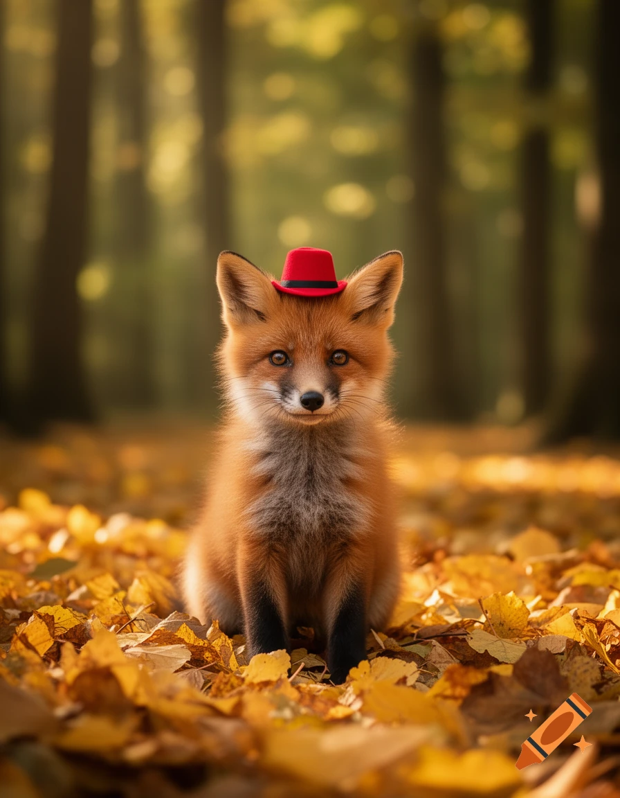 A cute fox wearing a small red hat sits amidst golden autumn leaves in a forest, looking at the viewer.