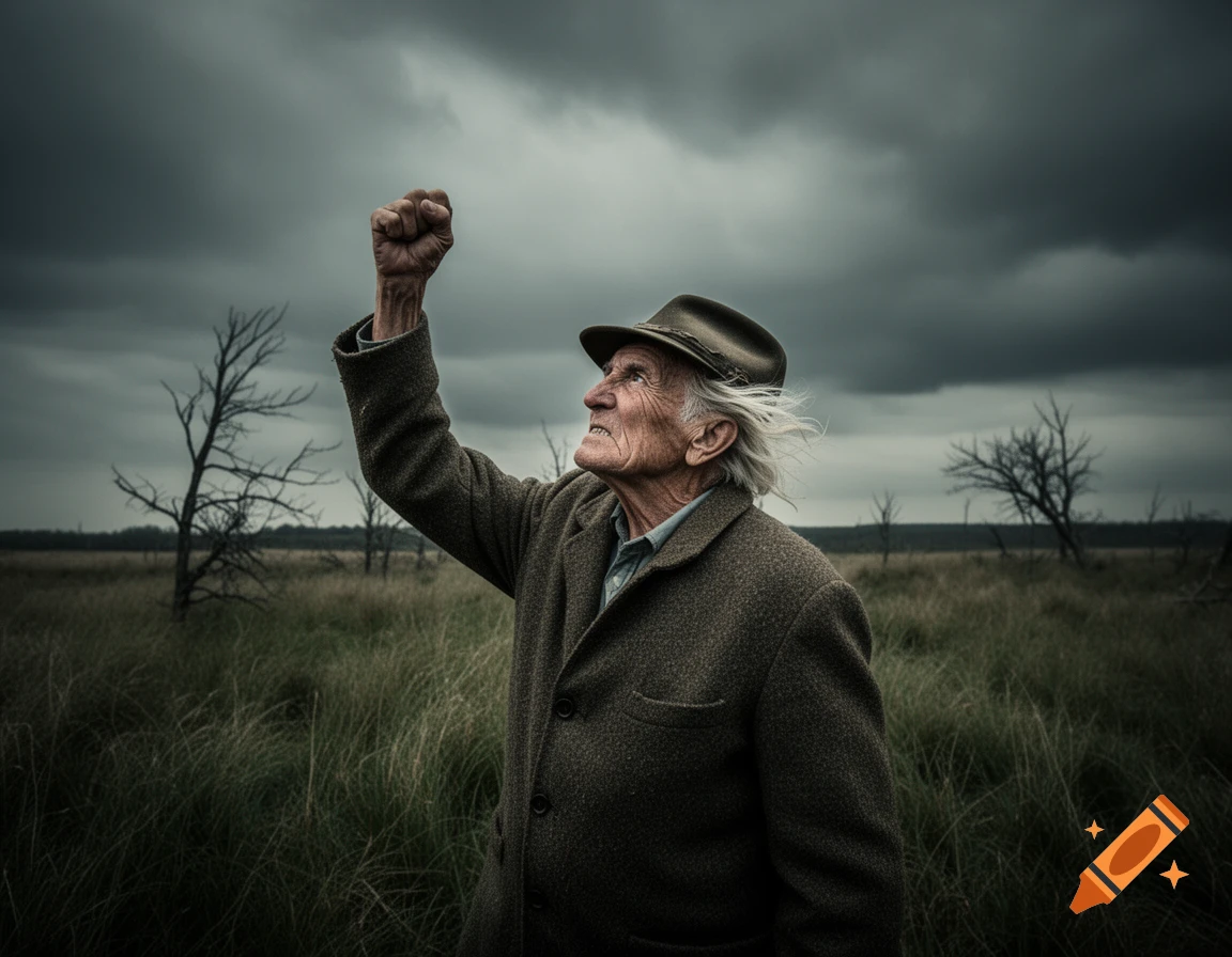 An elderly man in a hat and coat raises a defiant fist towards a stormy, dark sky in a barren field.