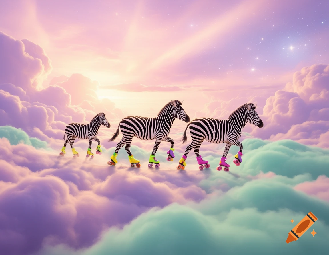 Three zebras wearing colorful roller skates walk on pastel pink and blue clouds in a dreamy sky.
