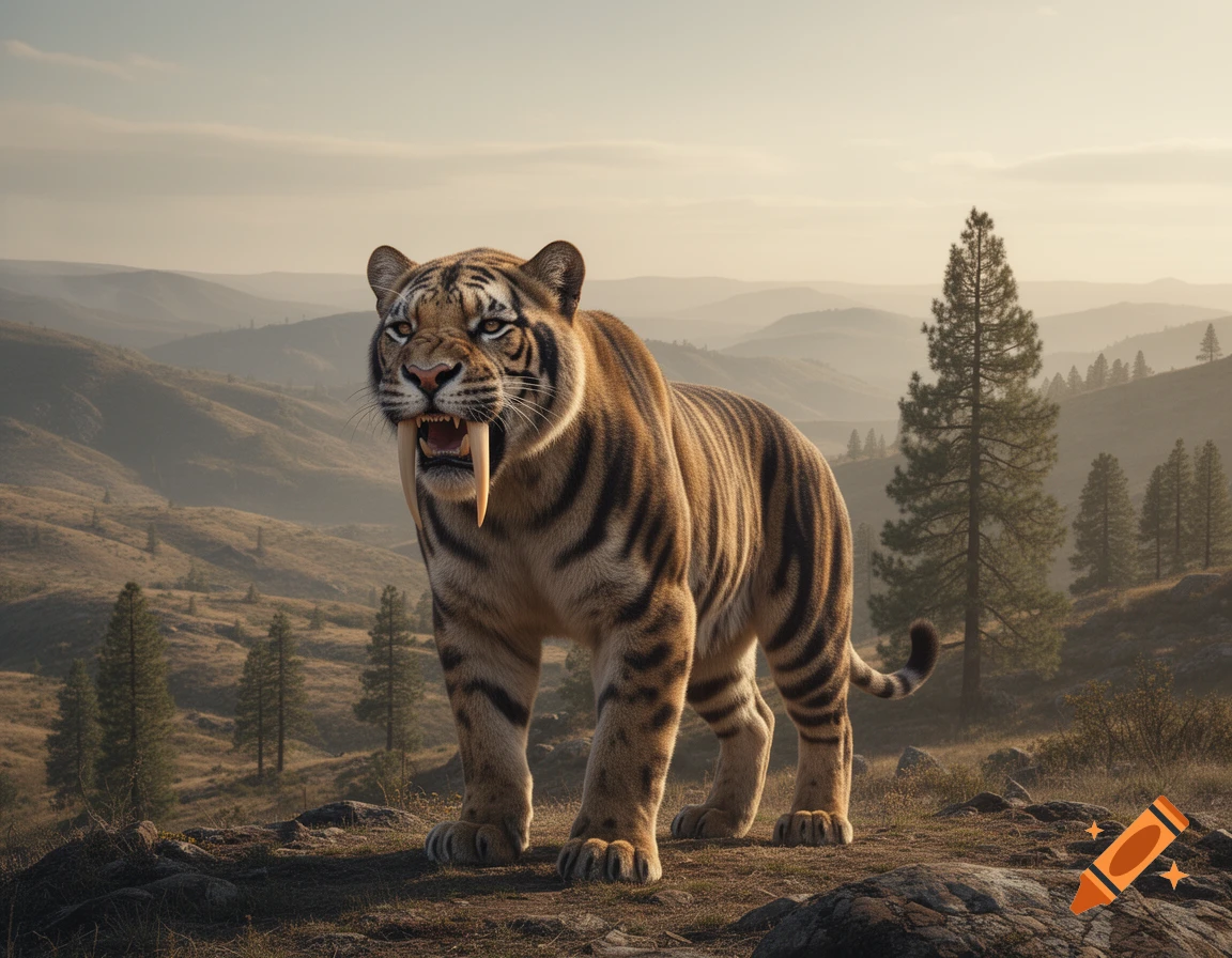 A fierce, realistic sabre-tooth cat (Smilodon fatalis) stands on a rocky hill with pine trees and misty mountains under soft sunlight.