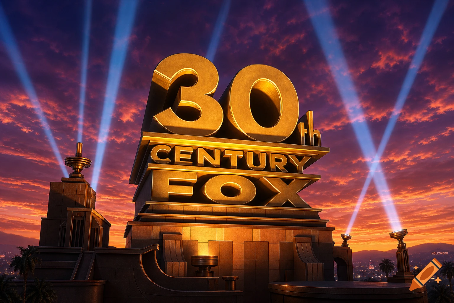 A photorealistic 30th Century Fox logo with blue searchlights illuminating a vibrant sunset sky, overlooking a cityscape.