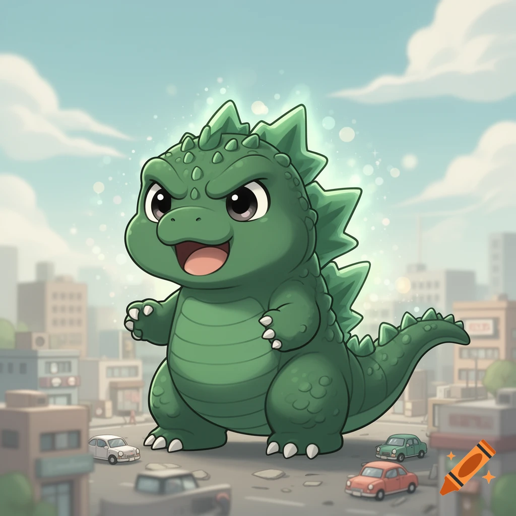A cute, green, chibi Godzilla stands in a stylized city, looking happy with large eyes and spiky scales.