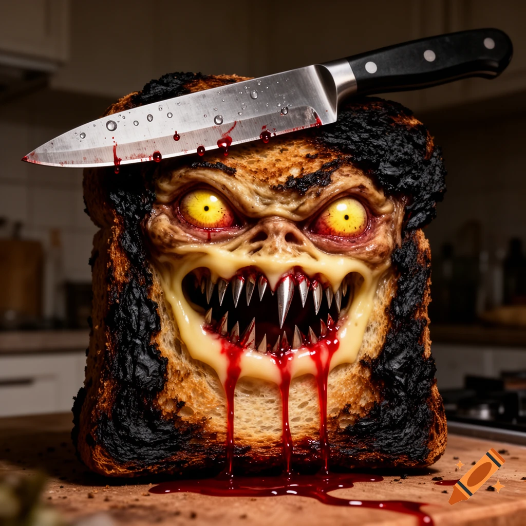 A monstrous, burnt slice of toast with sharp teeth, yellow eyes, and blood-like cheese dripping, a bloody knife on top.