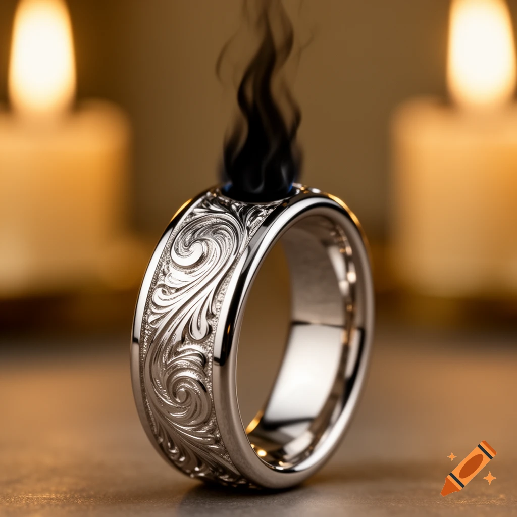 A silver wedding ring with intricate engraved scrollwork, topped by a stylized black flame. Blurred lit candles are in the background.