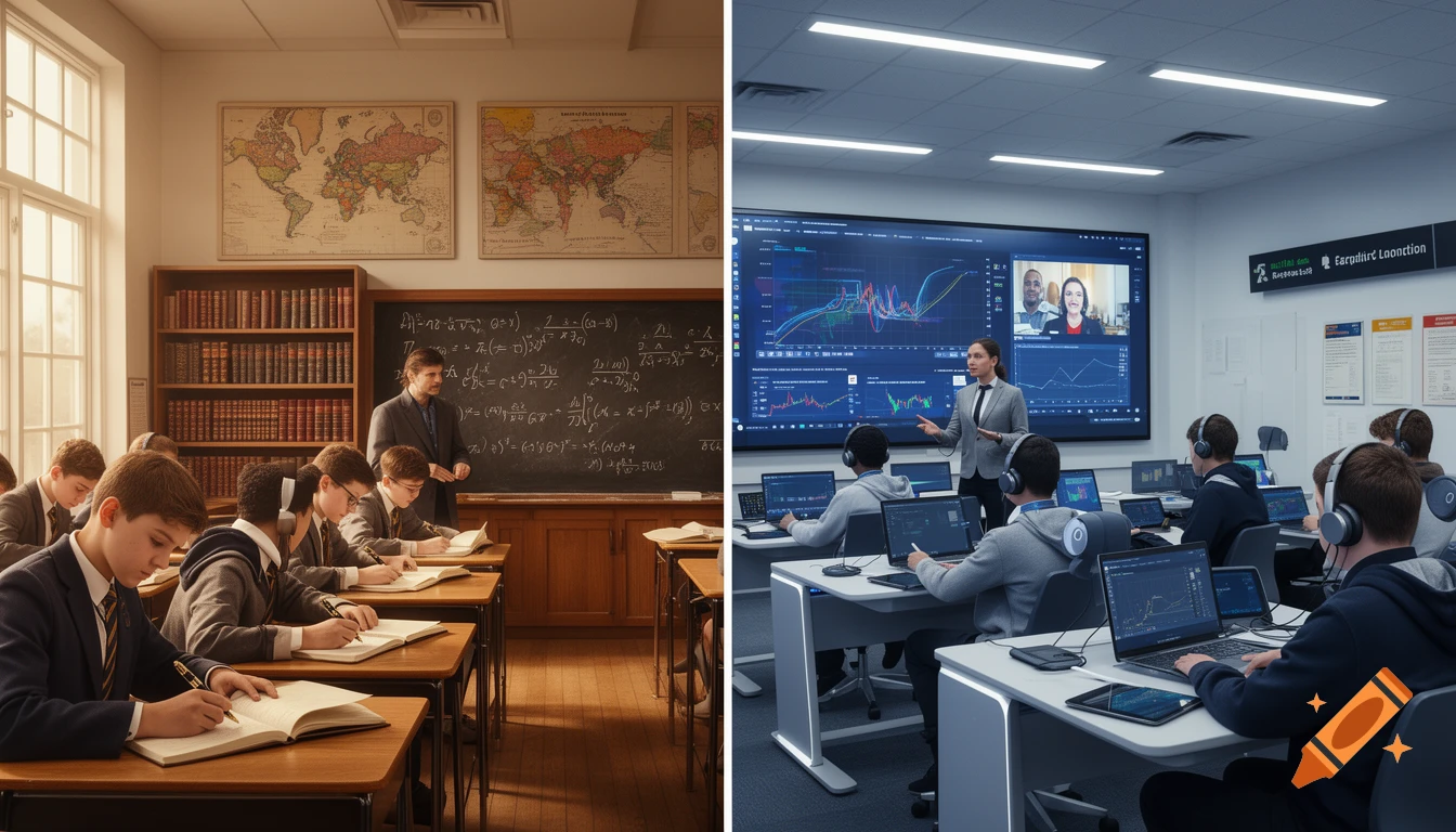 A split image contrasting two classrooms: the left shows an old-fashioned classroom with students writing in notebooks, a teacher at a chalkboard, and world maps. The right depicts a modern tech classroom with students using laptops and headphones, and a teacher at a large smartboard displaying graphs.