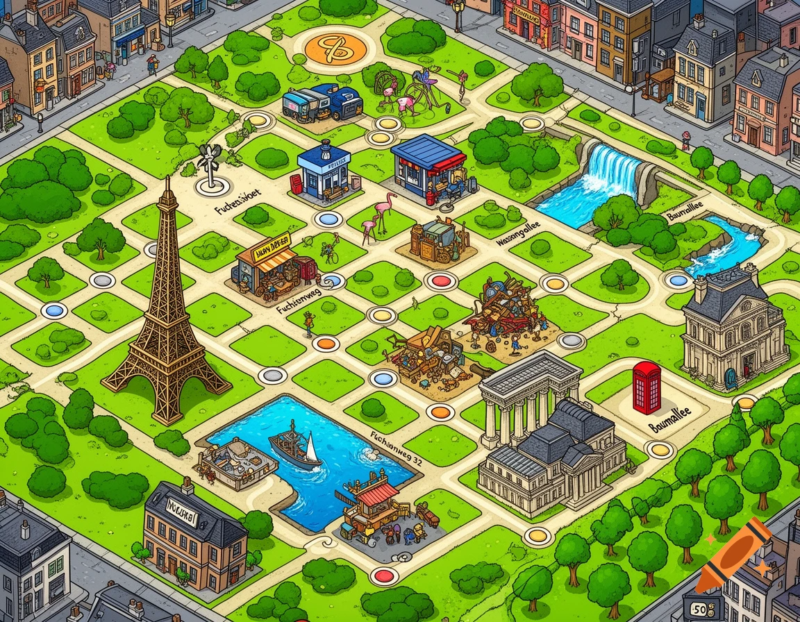 An isometric cartoon board game map featuring a city with buildings like the Eiffel Tower and Louvre, green parks, roads, and a river with a waterfall.