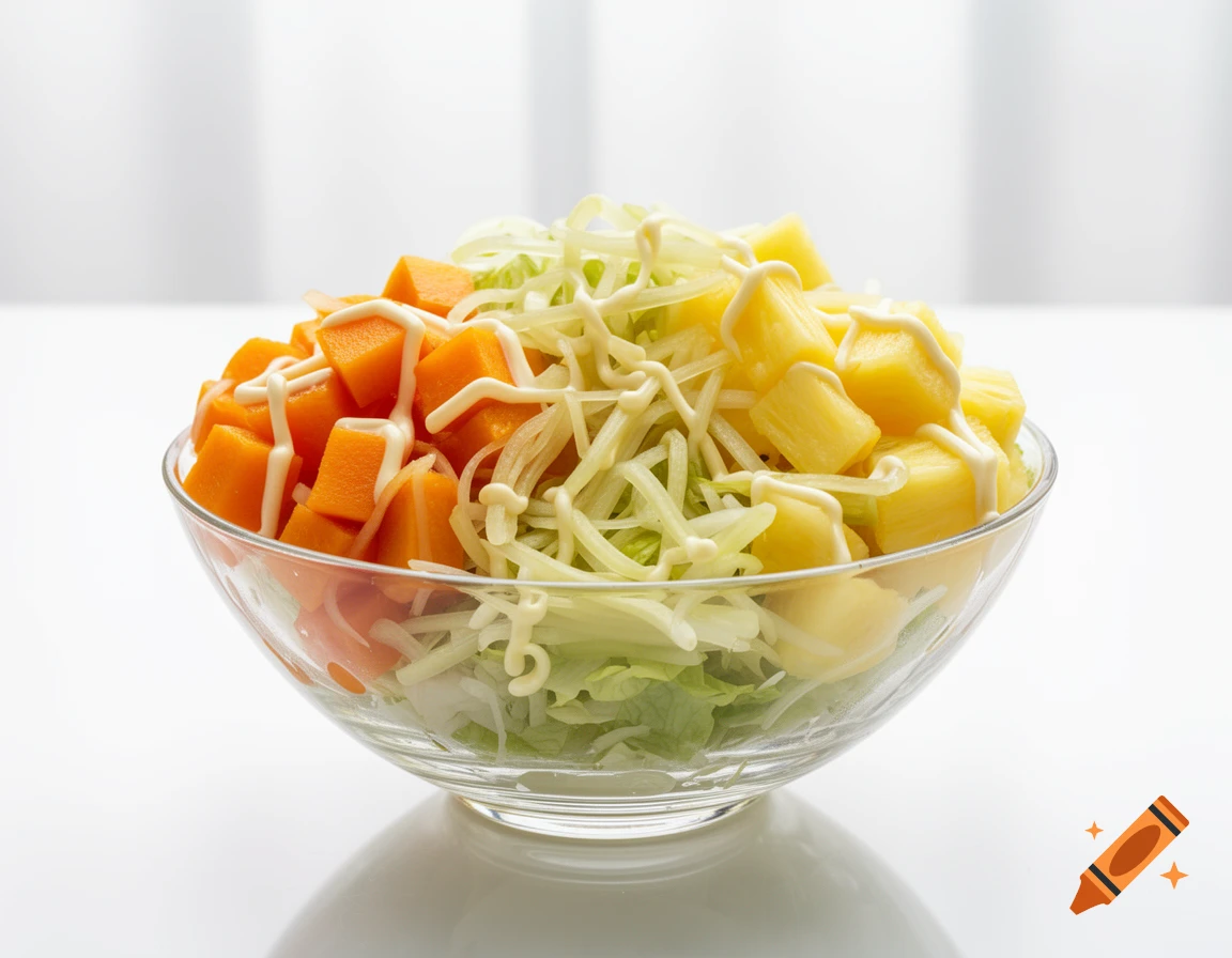 A vibrant salad in a glass bowl with orange pickled pumpkin, shredded celery, yellow pineapple, and white mayonnaise dressing.