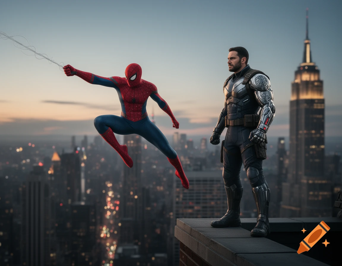 Photorealistic Spider-Man leaps over a cityscape at dusk next to a soldier with a bionic arm standing on a rooftop.