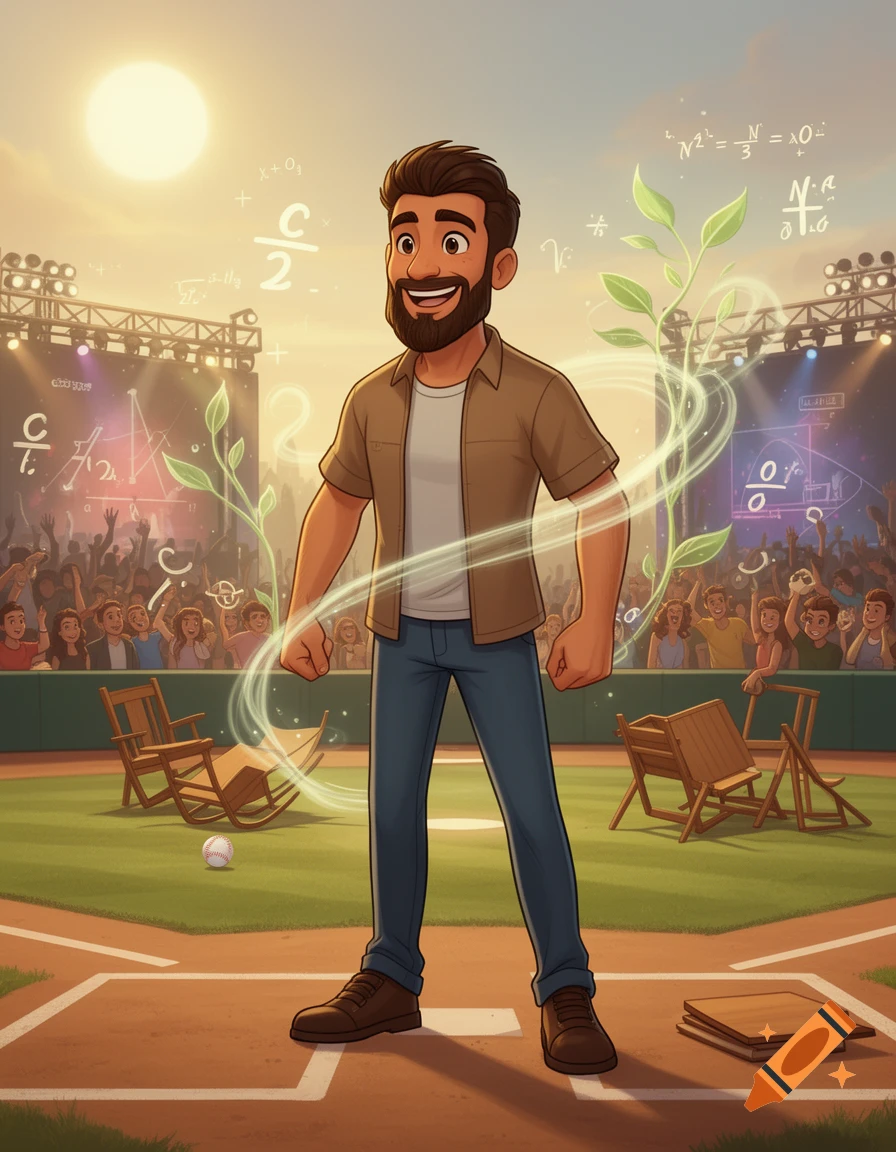 An animated man with a beard stands on a baseball field with a crowd in the background and mathematical equations floating around him.