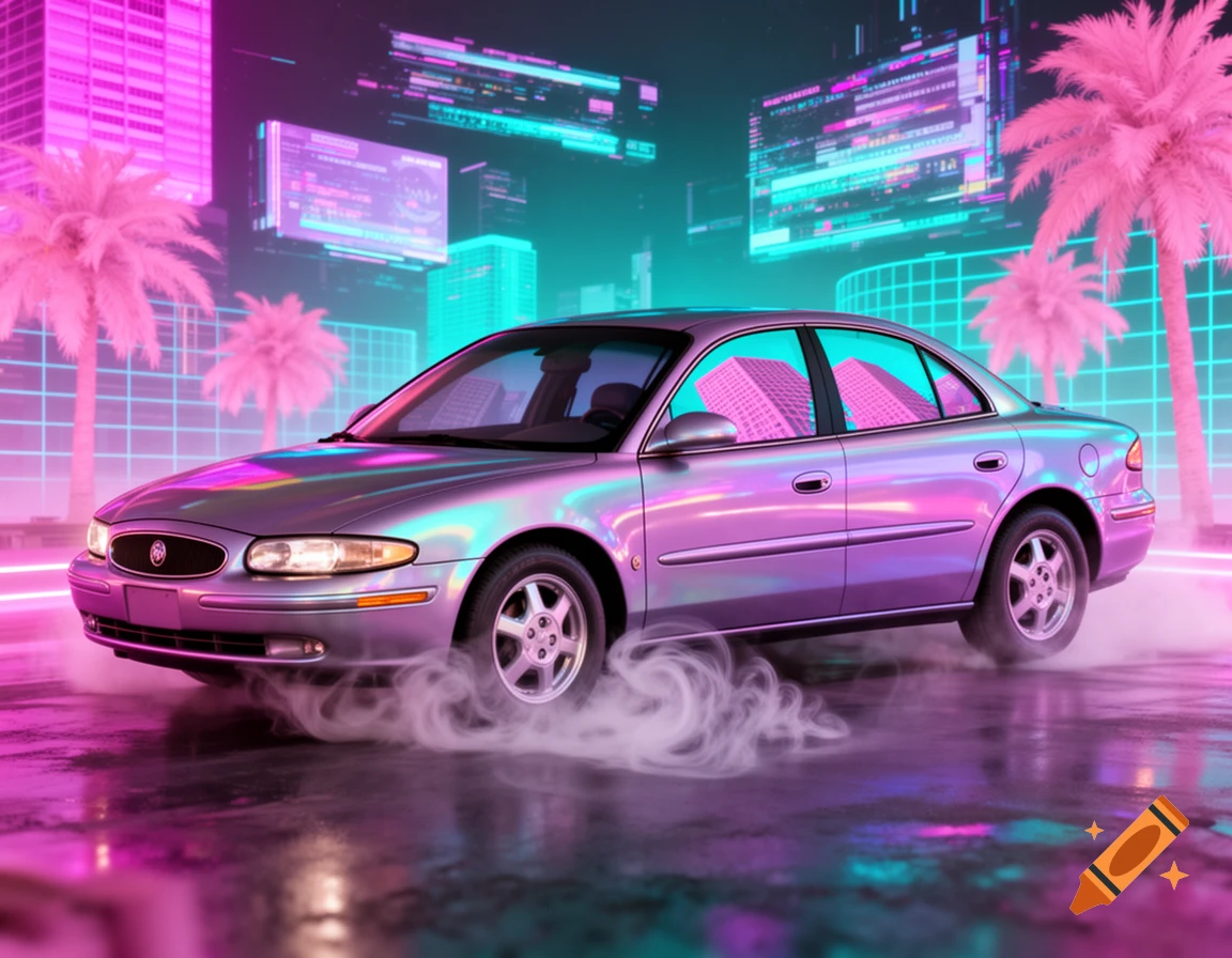 A purple iridescent 2003 Buick Regal drifts in a neon pink and teal vaporwave cityscape with palm trees.