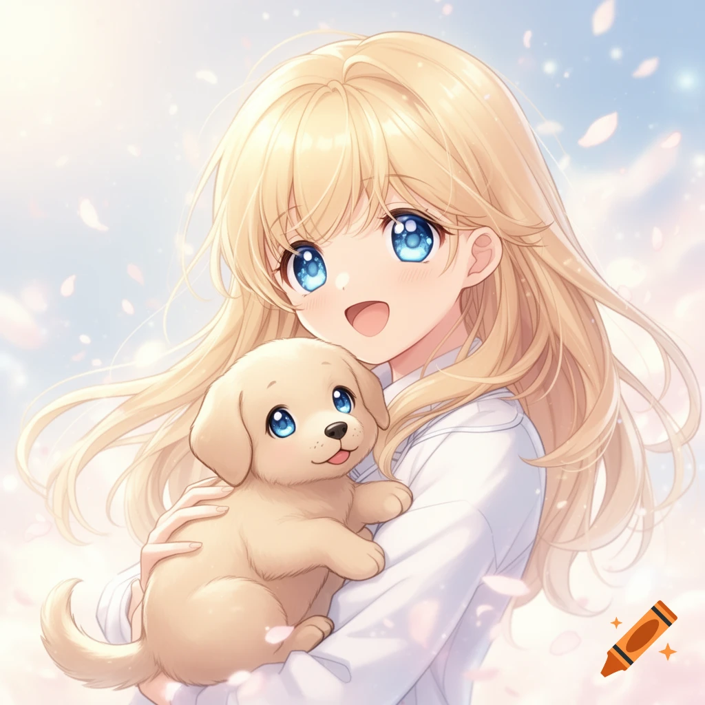 Smiling anime girl with blonde hair and blue eyes holding a cute golden retriever puppy under falling petals.