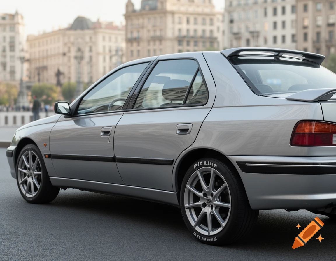 A silver Peugeot Pars car with a rear spoiler and multi-spoke wheels, parked on a city street with blurred buildings in the background. Photorealistic style.
