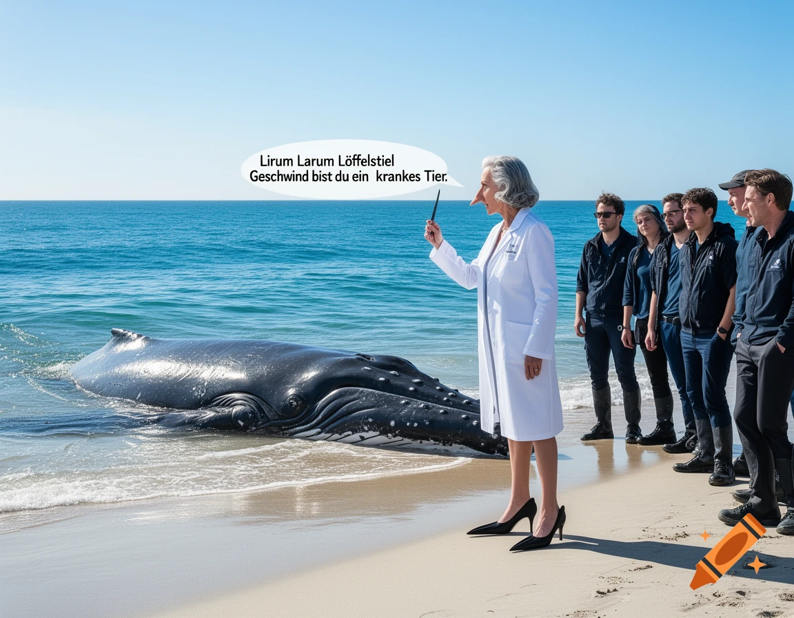 A marine expert with an exaggerated long nose speaks to a beached humpback whale on a sandy beach, with other biologists observing.
