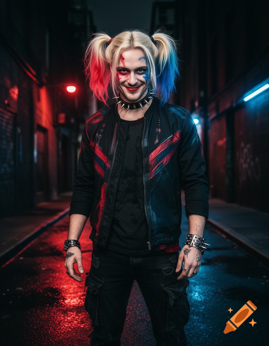Male Harley Quinn cosplay in a gritty urban alley, featuring blonde pigtails, red and blue makeup, and punk attire under neon lights.