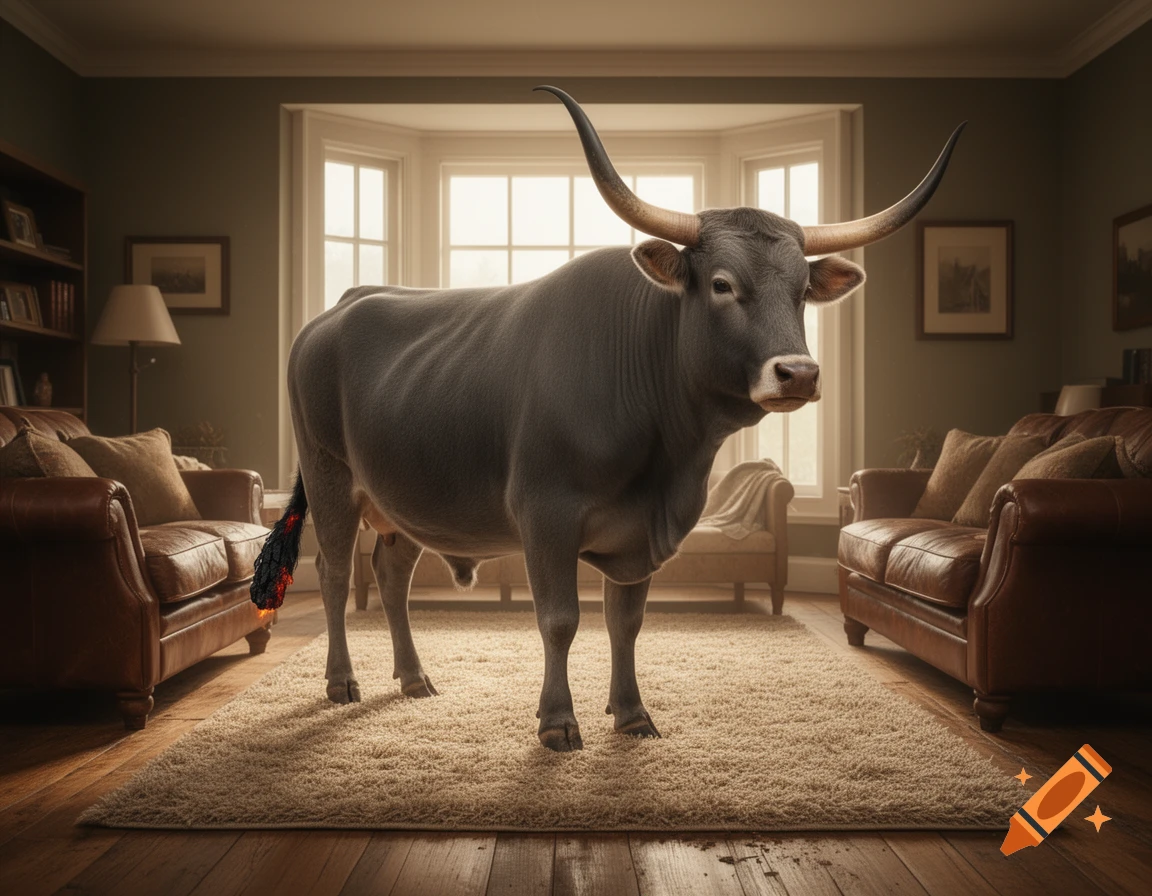 A grey bull with long horns and a glowing, charred tail stands on a beige rug in a well-furnished living room with leather sofas and large windows.