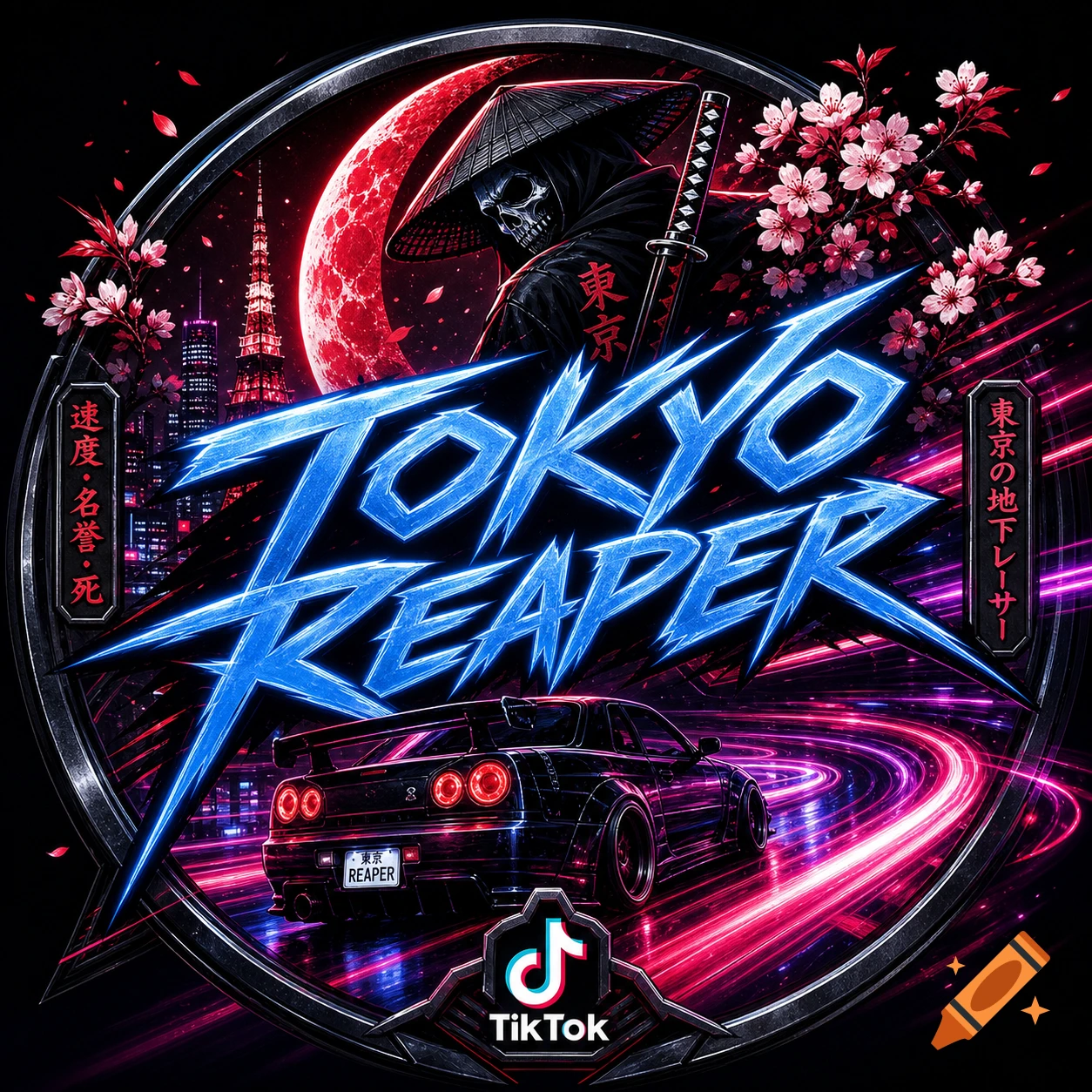 A stylized 'Tokyo Reaper' logo featuring a skull-faced reaper, a Nissan Skyline GT-R, Tokyo cityscape, cherry blossoms, and a TikTok logo, all in vibrant blue and red neon on a dark background.