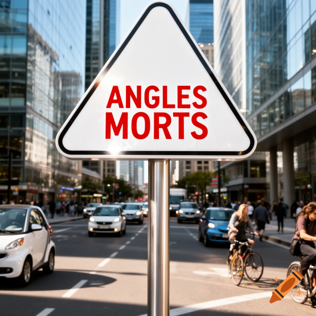 A triangular 'Angles Morts' (Blind Spot) road sign stands prominently in a busy city street with cars, cyclists, and pedestrians, in a photorealistic style.