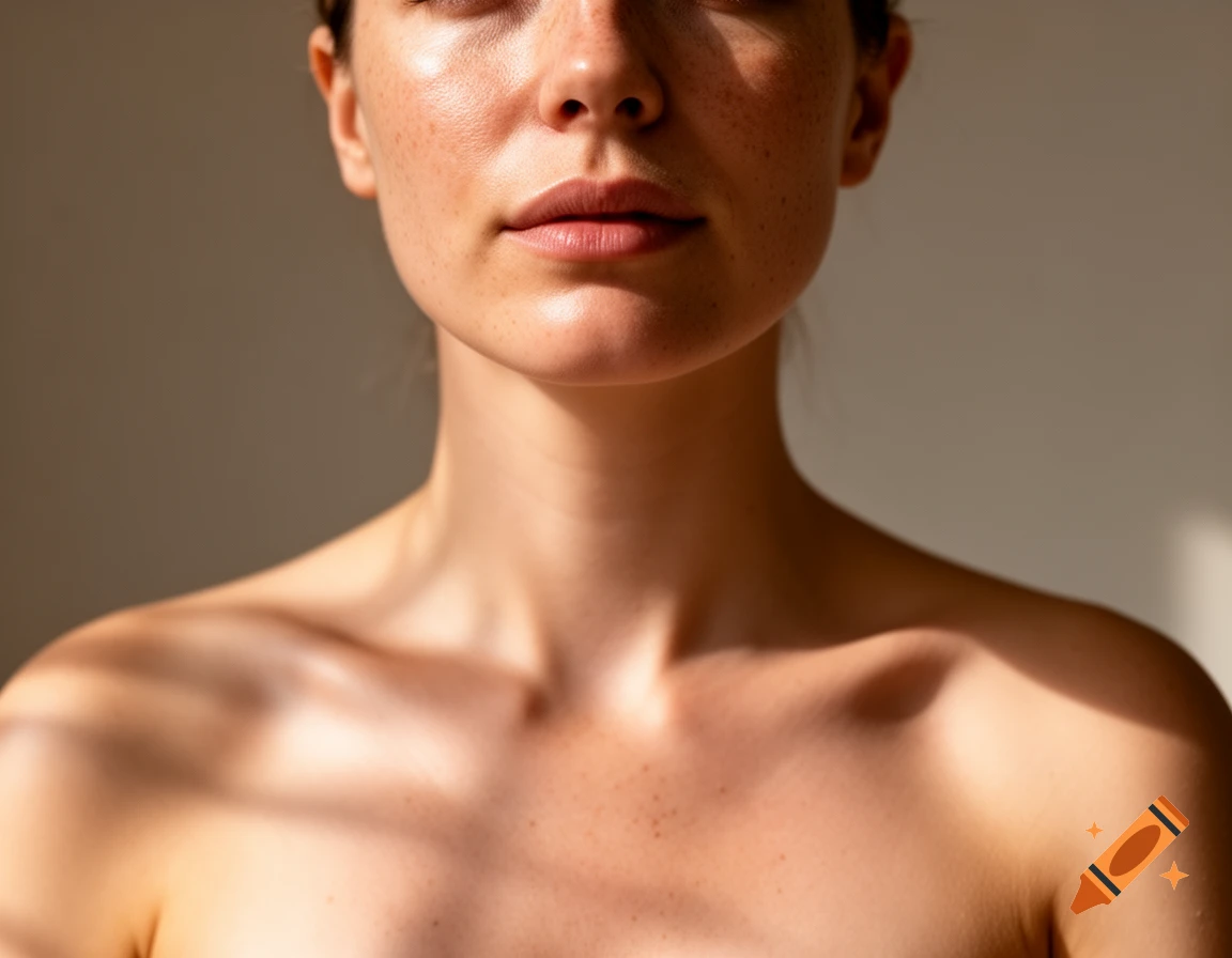 Close-up photorealistic portrait of a woman's chest and lower face with freckles, bathed in natural sunlight.