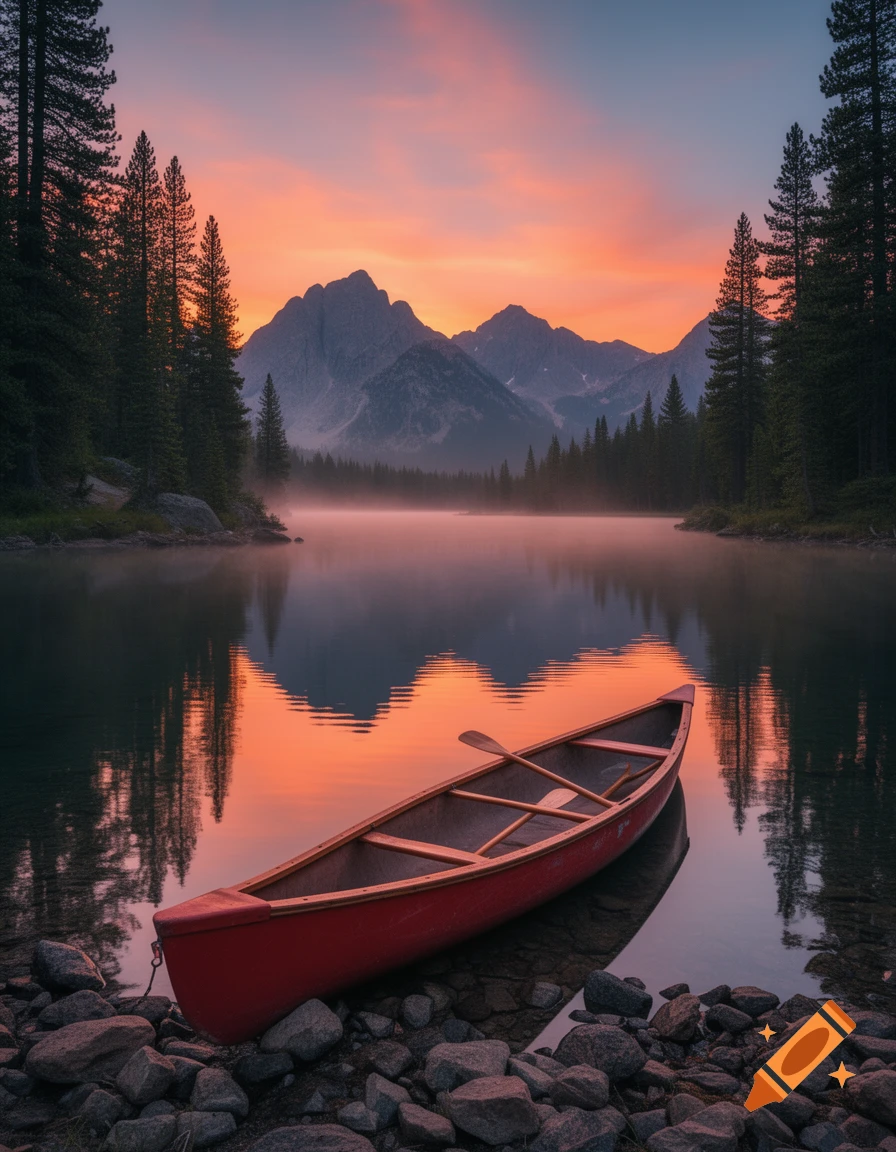Red canoe on a rocky lake shore at sunrise, reflecting colorful sky, with misty water, mountains, and pine trees. Photorealistic.