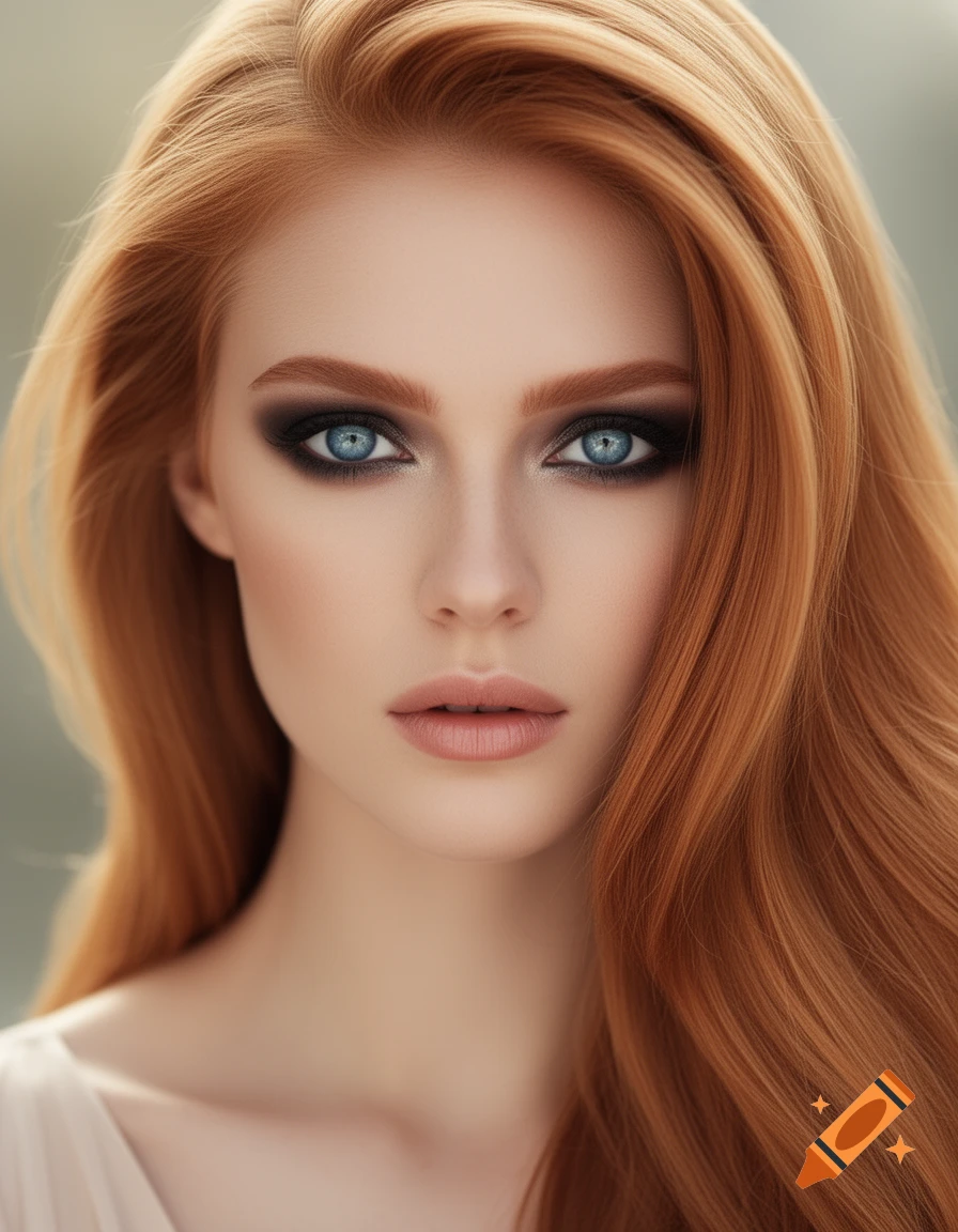 Close-up portrait of a woman with long wavy red hair and blue smoky eyes looking directly at the viewer.