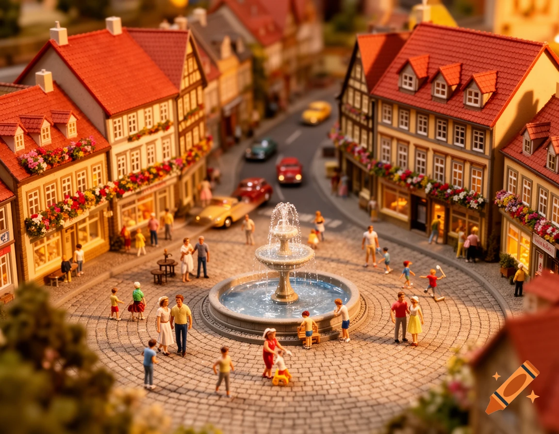 A photorealistic miniature city with tiny people, cars, and buildings with red roofs around a central fountain, rendered with a tilt-shift effect.