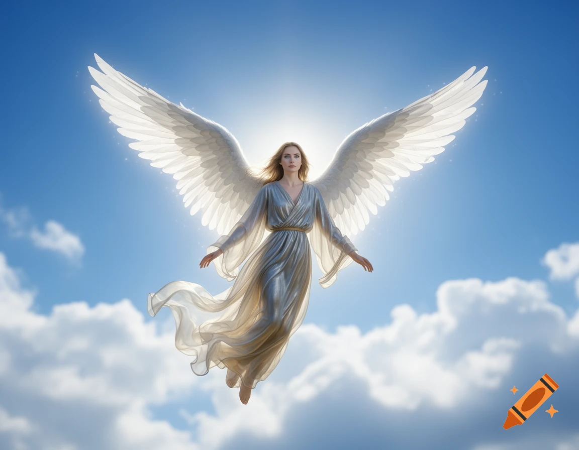 A beautiful angelic woman with large white wings, wearing a flowing silver dress, floats gracefully in a bright blue sky with wispy clouds.