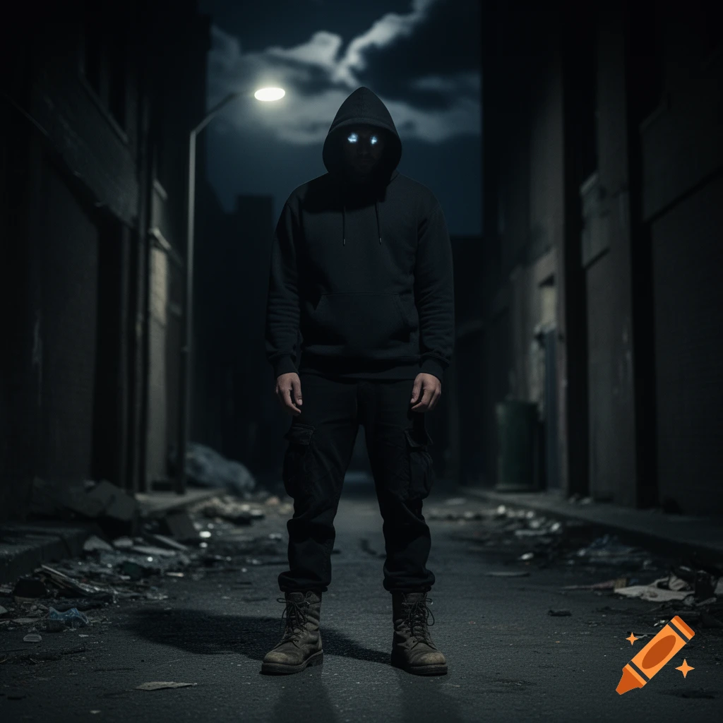 A photorealistic image of a mysterious hooded figure with glowing eyes standing in a dark, trash-strewn alley at night.
