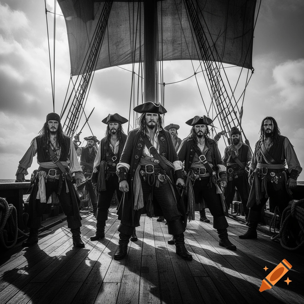 Black and white photo of a group of stern pirates standing on a ship's deck under a cloudy sky.